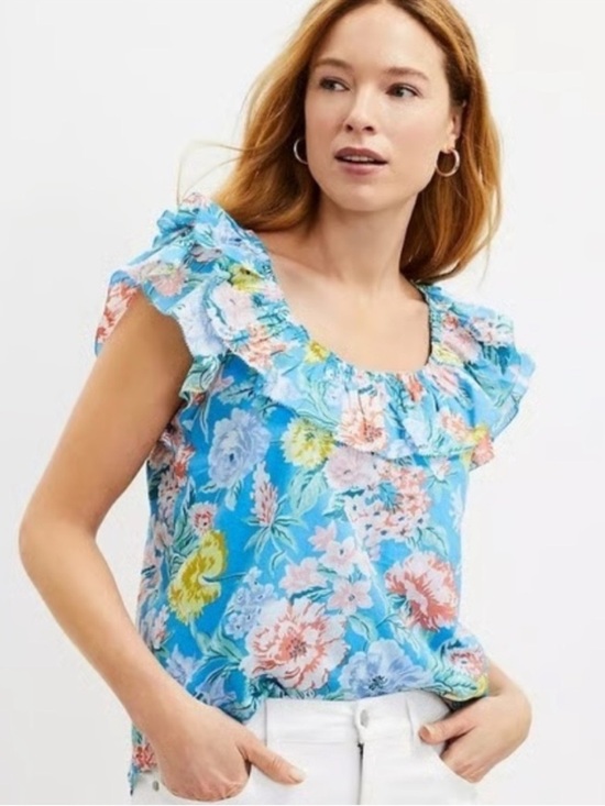 LOFT Tops - LOFT Floral Ruffle Neck Blouse Size L Blue Garden Print Boho Cottagecore Top